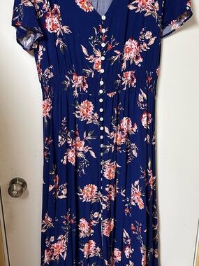 Floral Print Button Front, Boho, A-Line, V-Neck Maxi Dress
